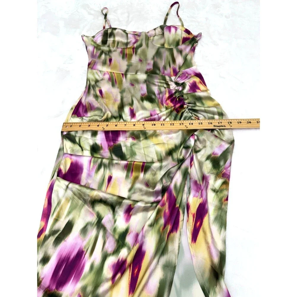 CIDER Watercolor Satin Ruched Asymmetrical Bodycon Midi Dress – Size Small